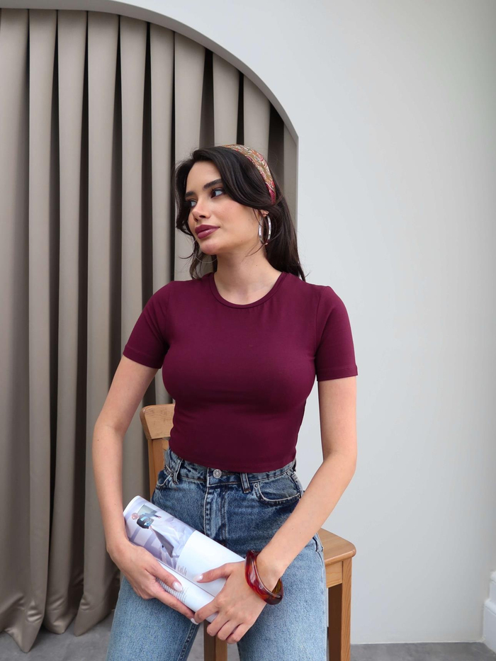 Bordo Streç Crop Tshirt