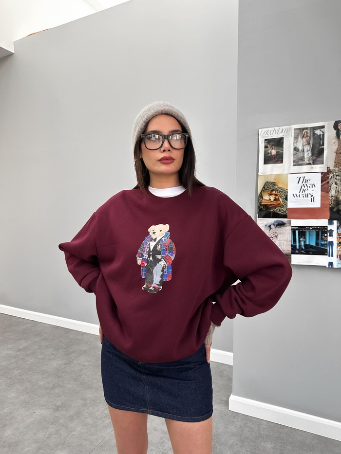 Bordo Teddy Bear Baskılı Sweat