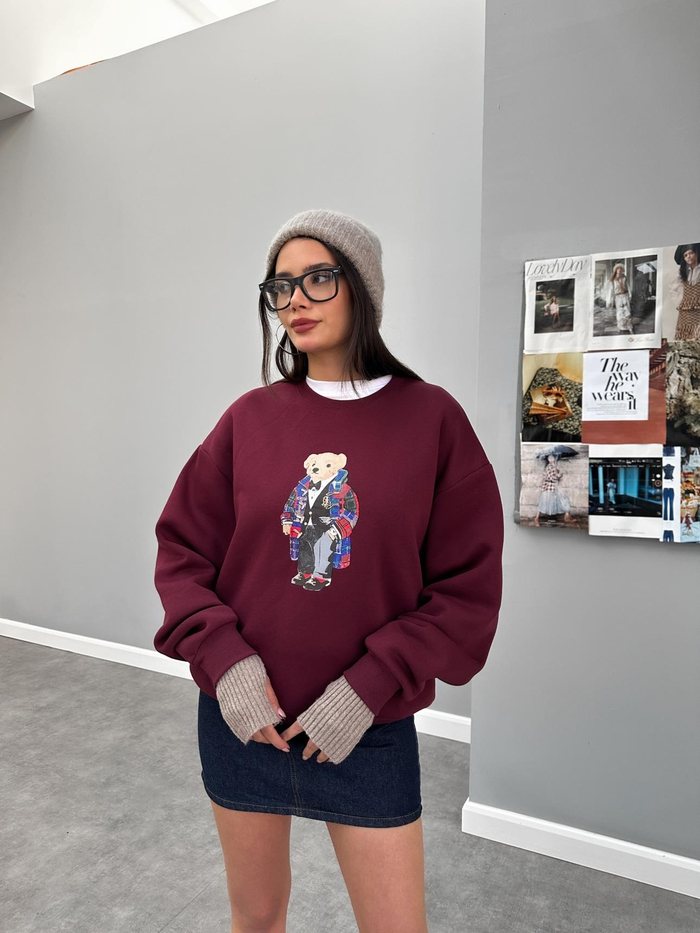 Bordo Teddy Bear Baskılı Sweat