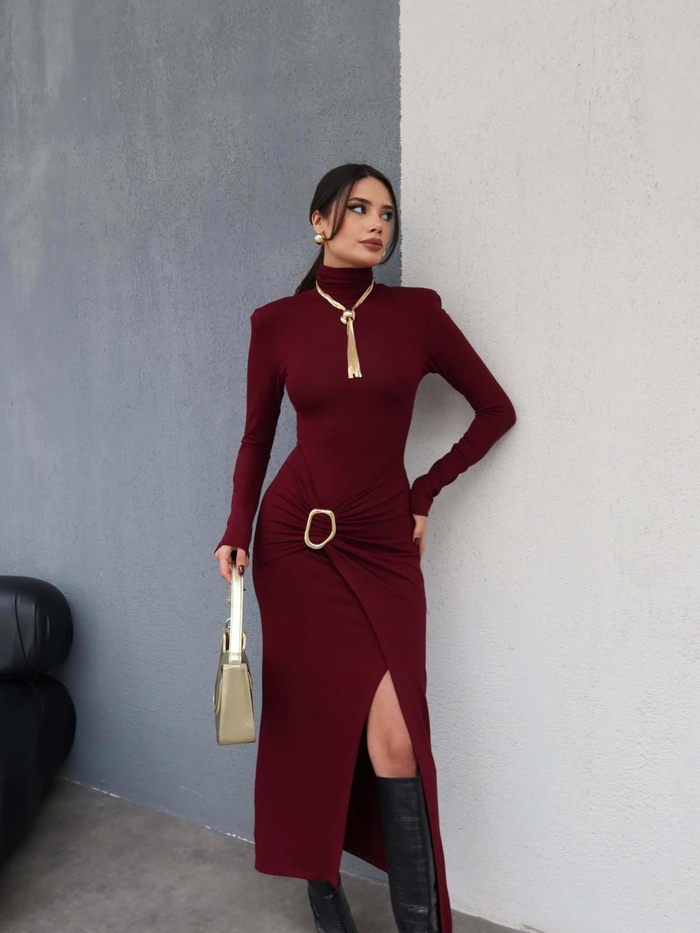 Bordo Vatkalı Tokalı Elbise