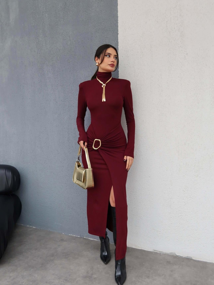 Bordo Vatkalı Tokalı Elbise