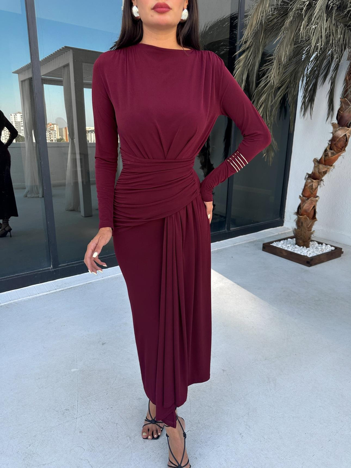 Bordo Yırtmaç Detaylı Drapeli Basic Elbise