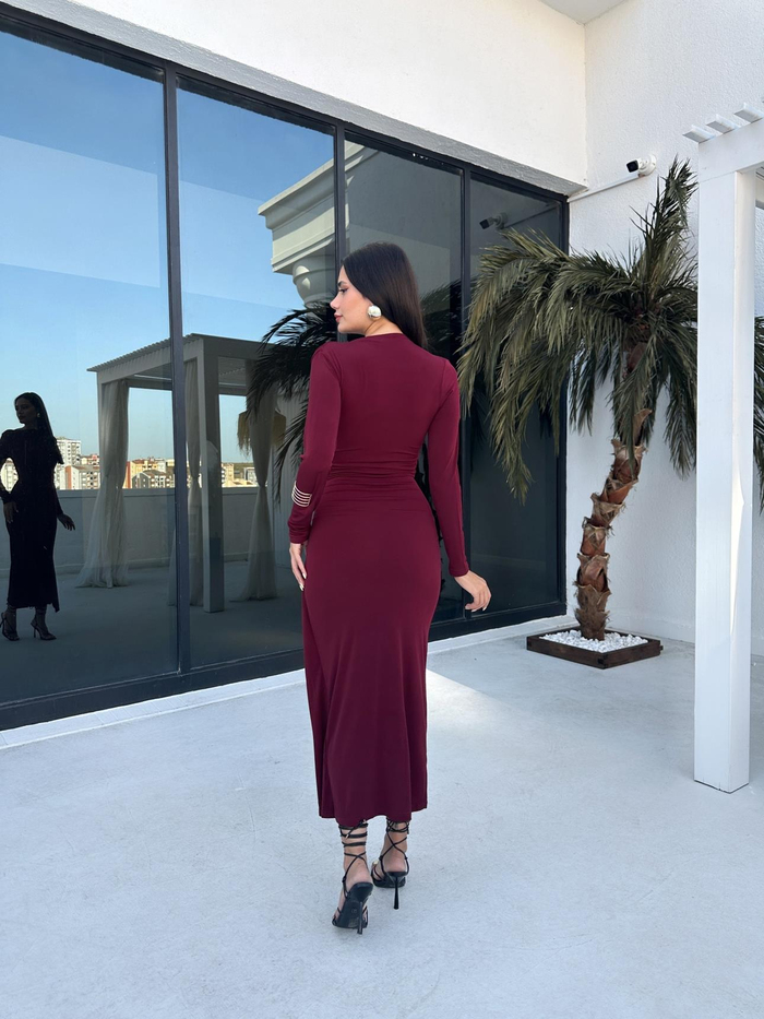 Bordo Yırtmaç Detaylı Drapeli Basic Elbise