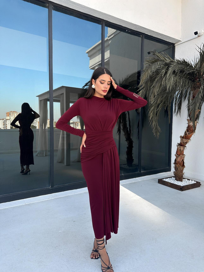Bordo Yırtmaç Detaylı Drapeli Basic Elbise