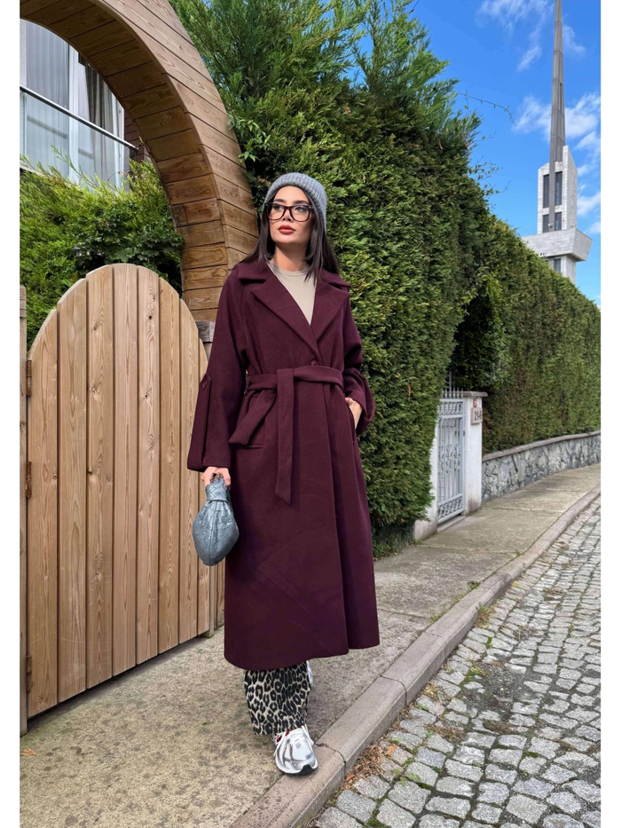 Bordo Yün Karışımlı Casual Kaşe Kaban