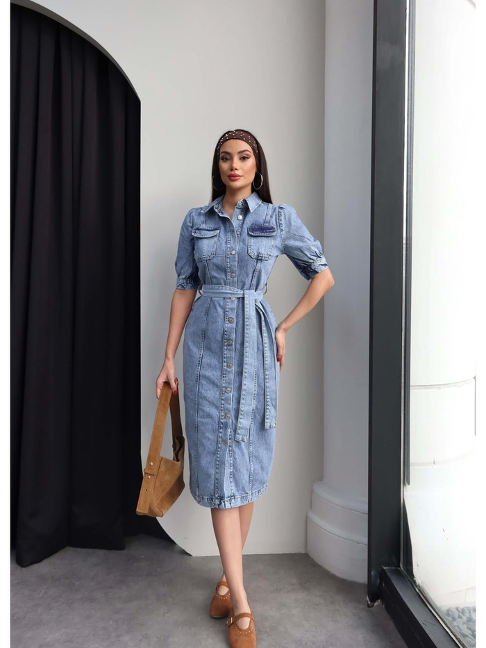 Boydan Düğmeli Kuşaklı Denim Elbise