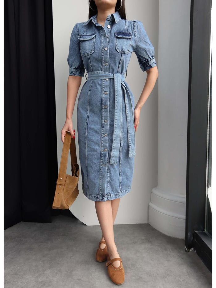 Boydan Düğmeli Kuşaklı Denim Elbise