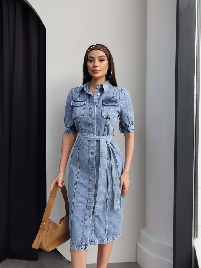 Boydan Düğmeli Kuşaklı Denim Elbise