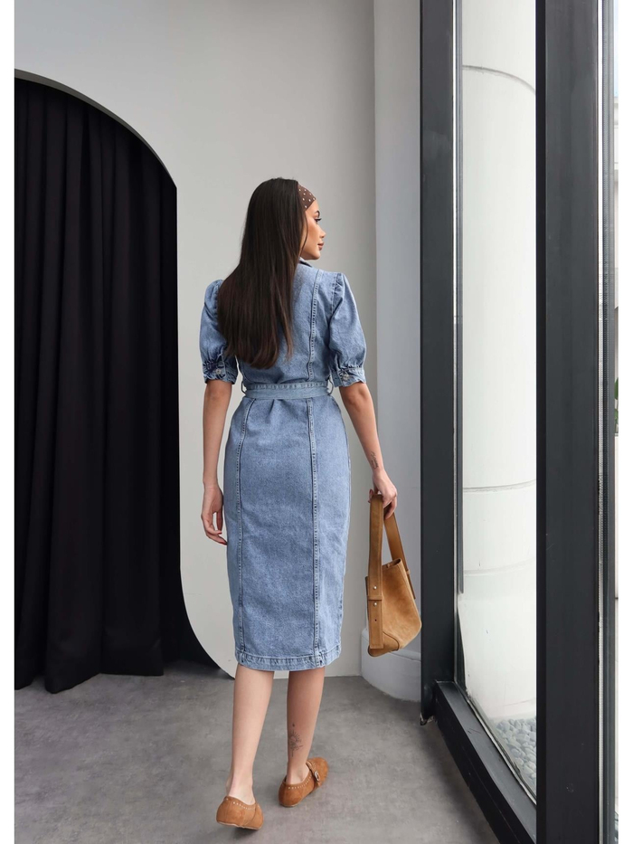 Boydan Düğmeli Kuşaklı Denim Elbise