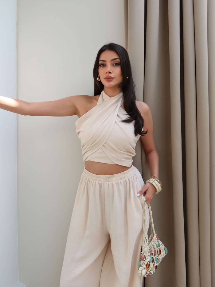 Boyun Bağlamalı Büzgülü Crop Takım