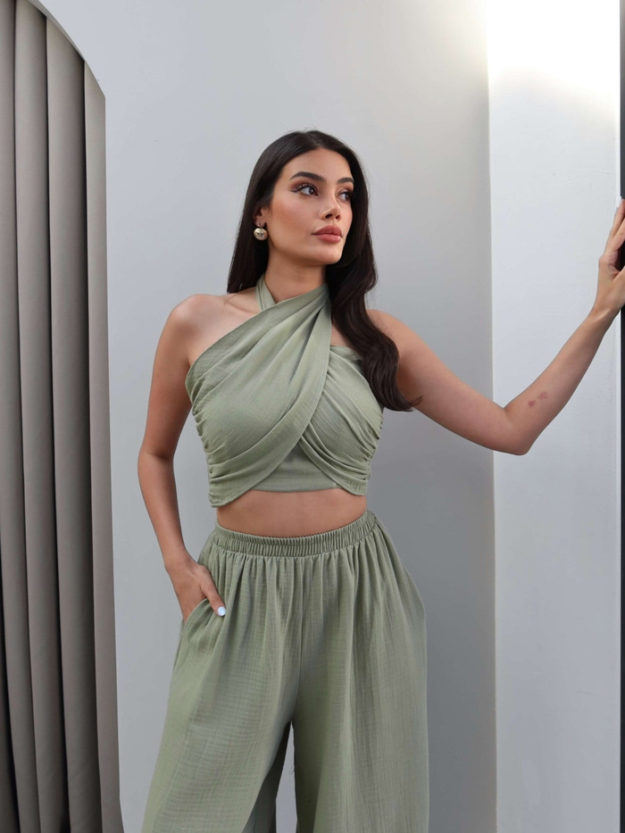 Boyun Bağlamalı Büzgülü Crop Takım