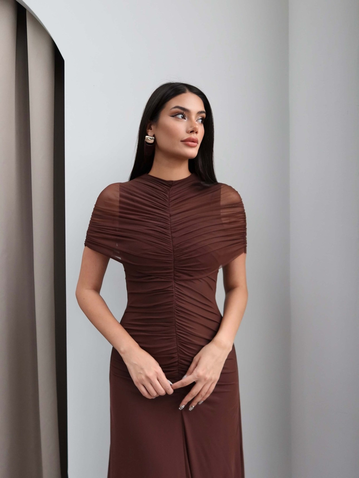 Boyun Bel Büzgülü Tül Elbise