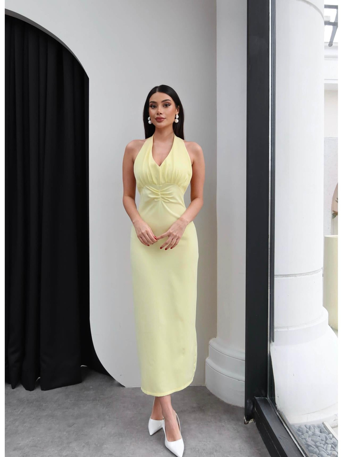 Boyun Kuşaklı Yırtmaçlı Elbise