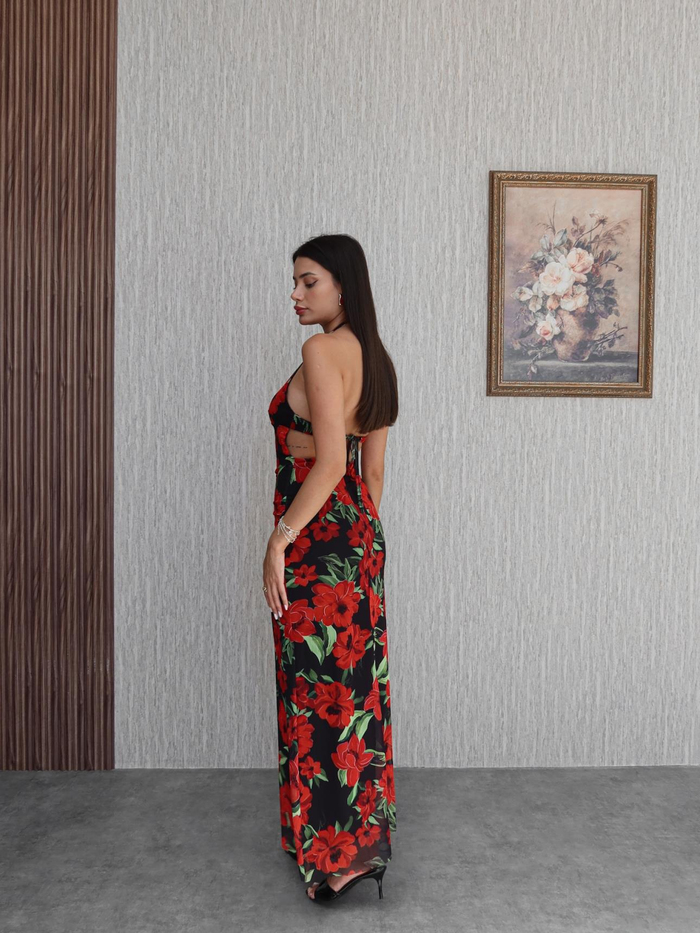 Boyundan Bağlı Çiçek Desen Uzun Elbise
