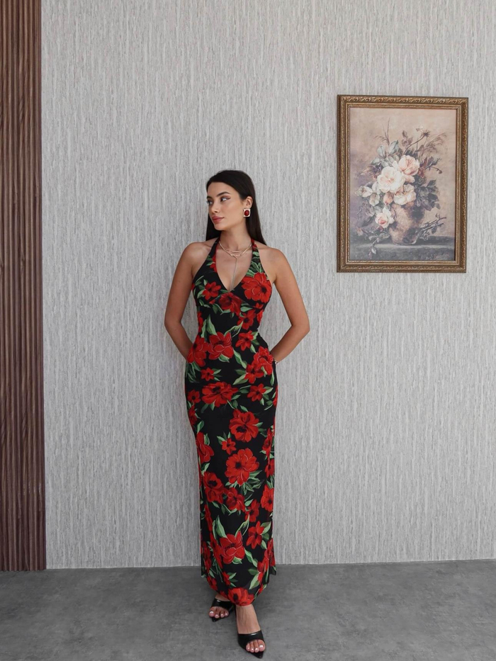 Boyundan Bağlı Çiçek Desen Uzun Elbise