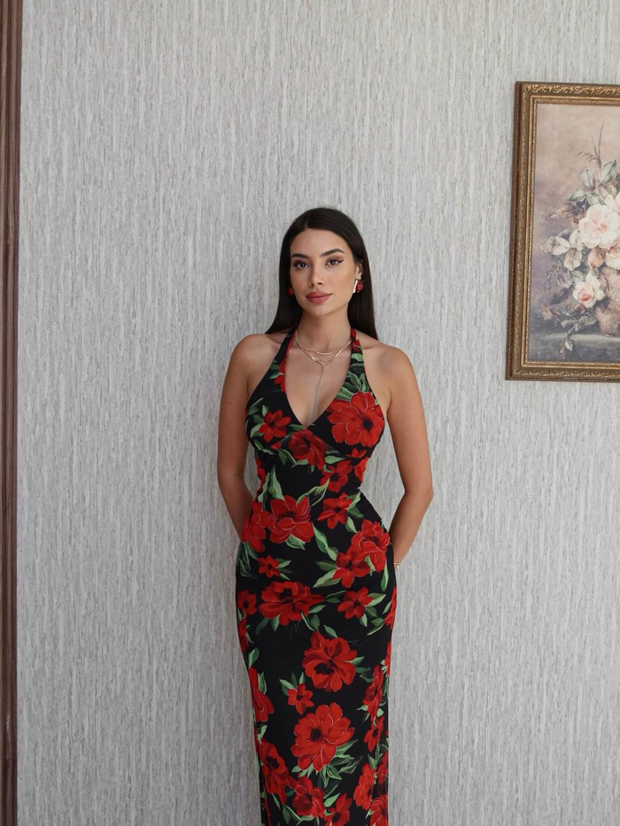 Boyundan Bağlı Çiçek Desen Uzun Elbise