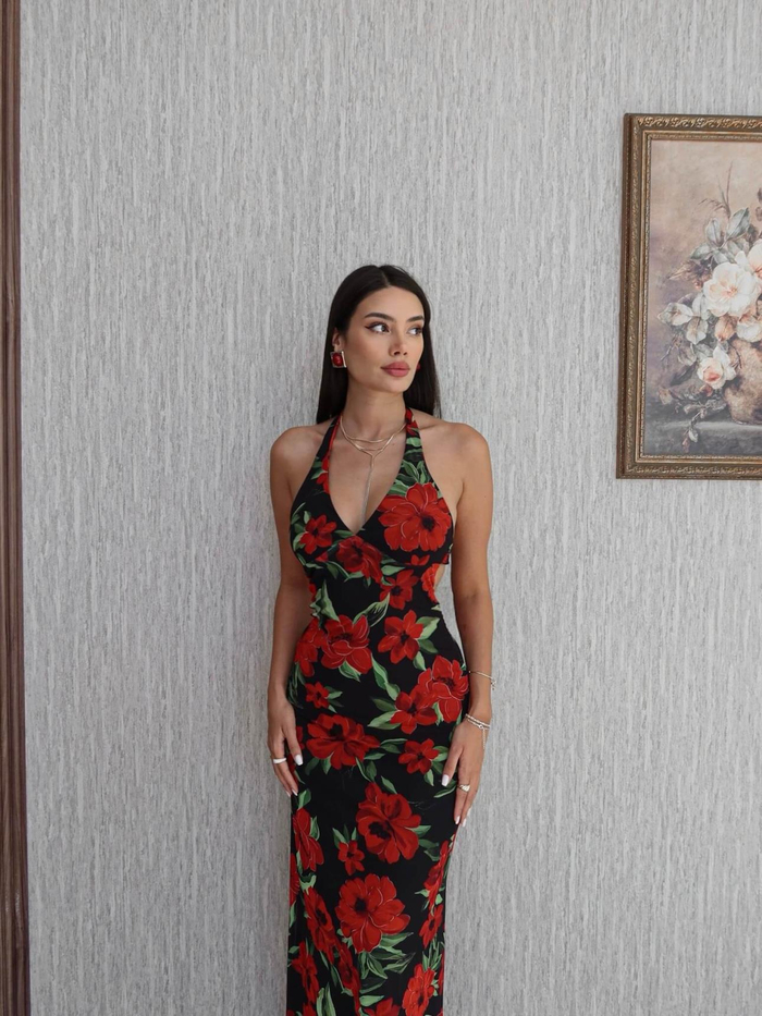 Boyundan Bağlı Çiçek Desen Uzun Elbise
