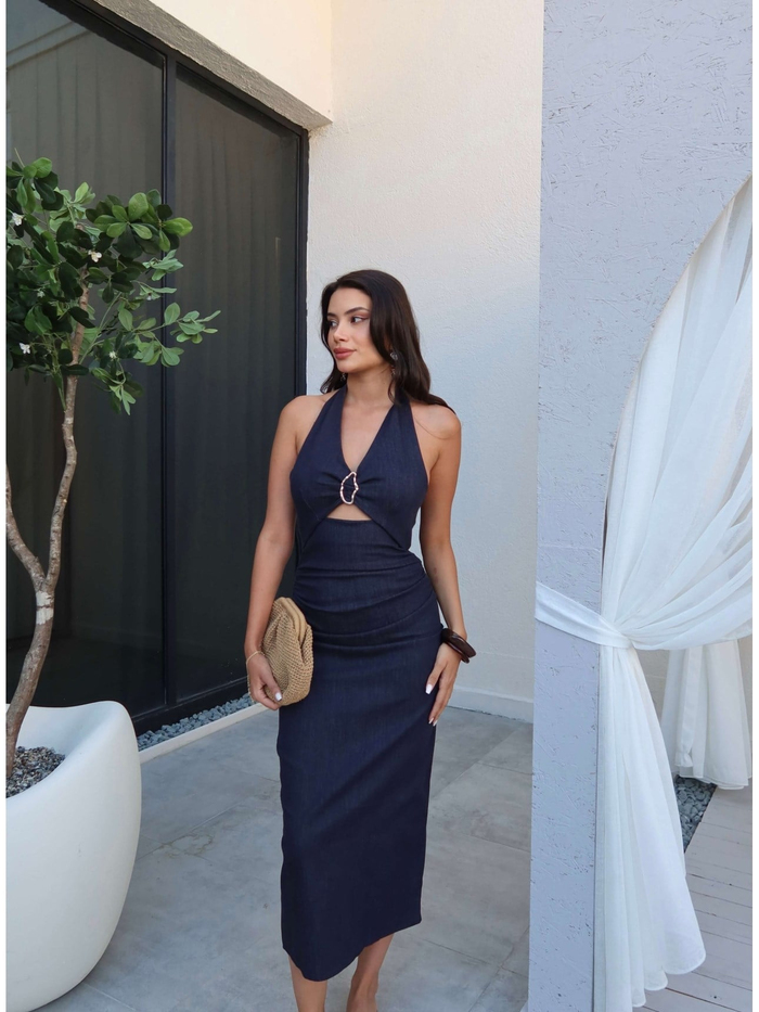 Boyundan Bağlı Göğüs Detay Denim Elbise