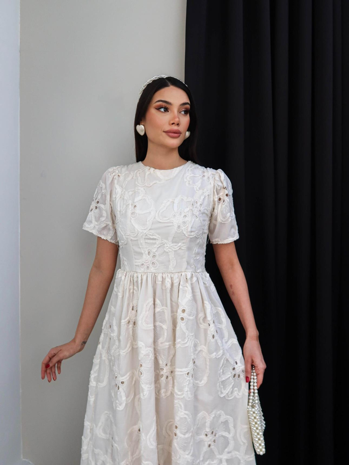 Brode İşlemeli Midi Elbise