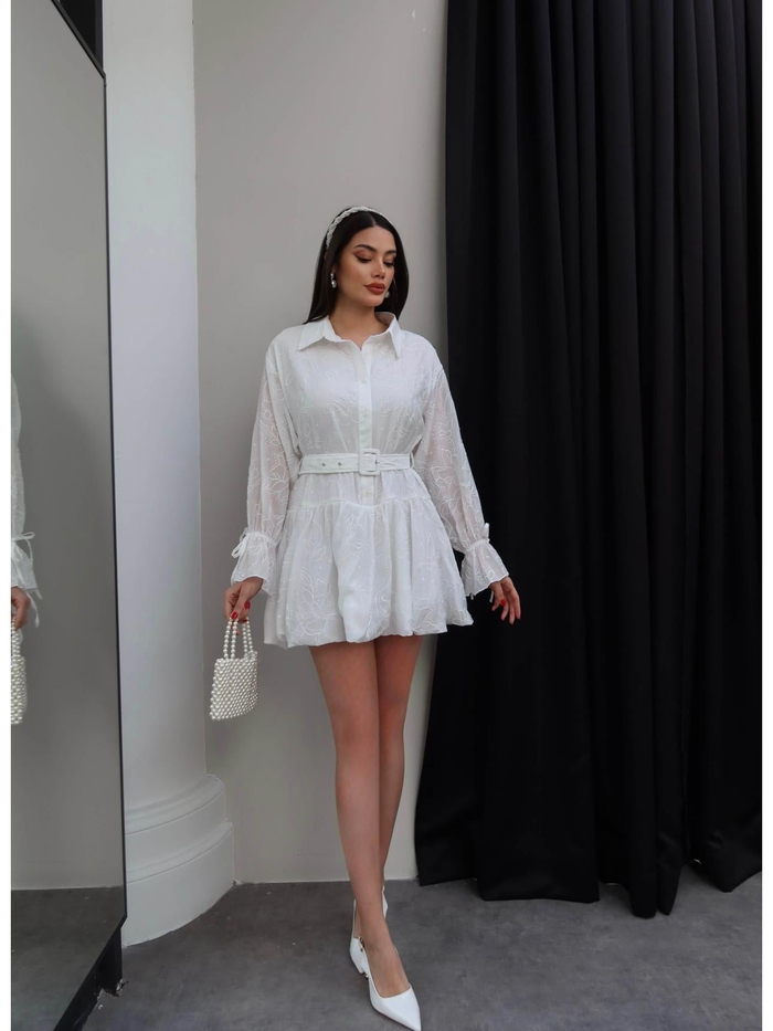 Brodeli Kemerli Mini Gömlek Elbise