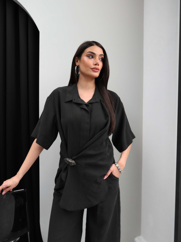 Broşlu Asimetrik Gömlek Pantolon Takım