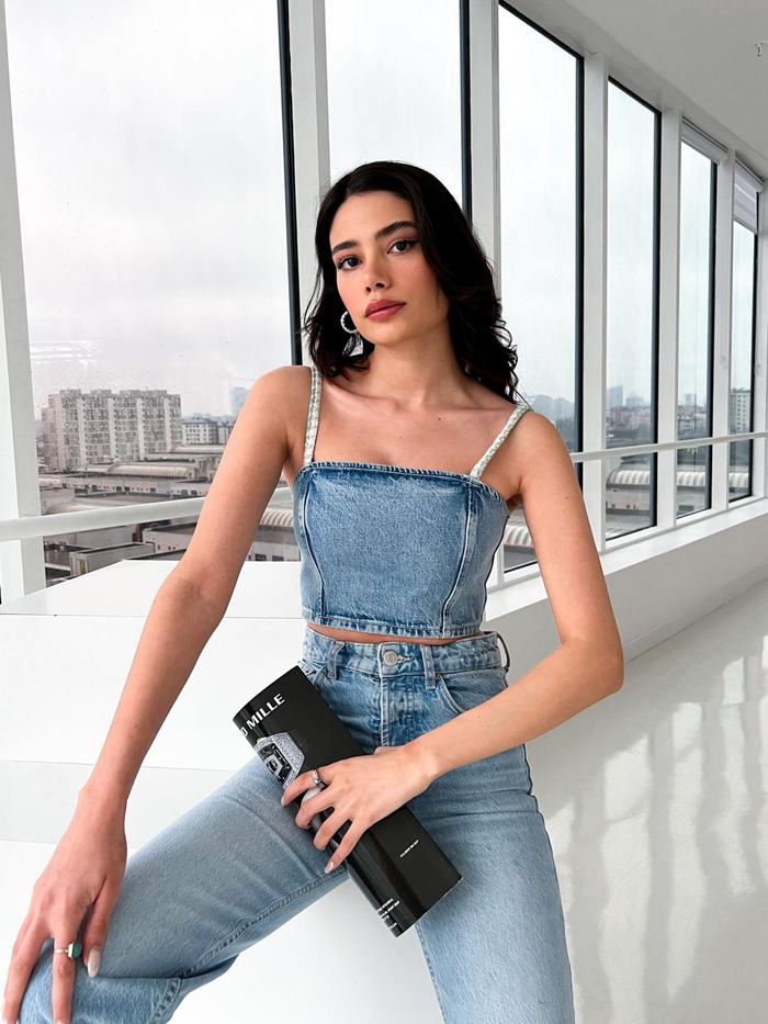 Buz Mavi Fermuarlı Kot Crop