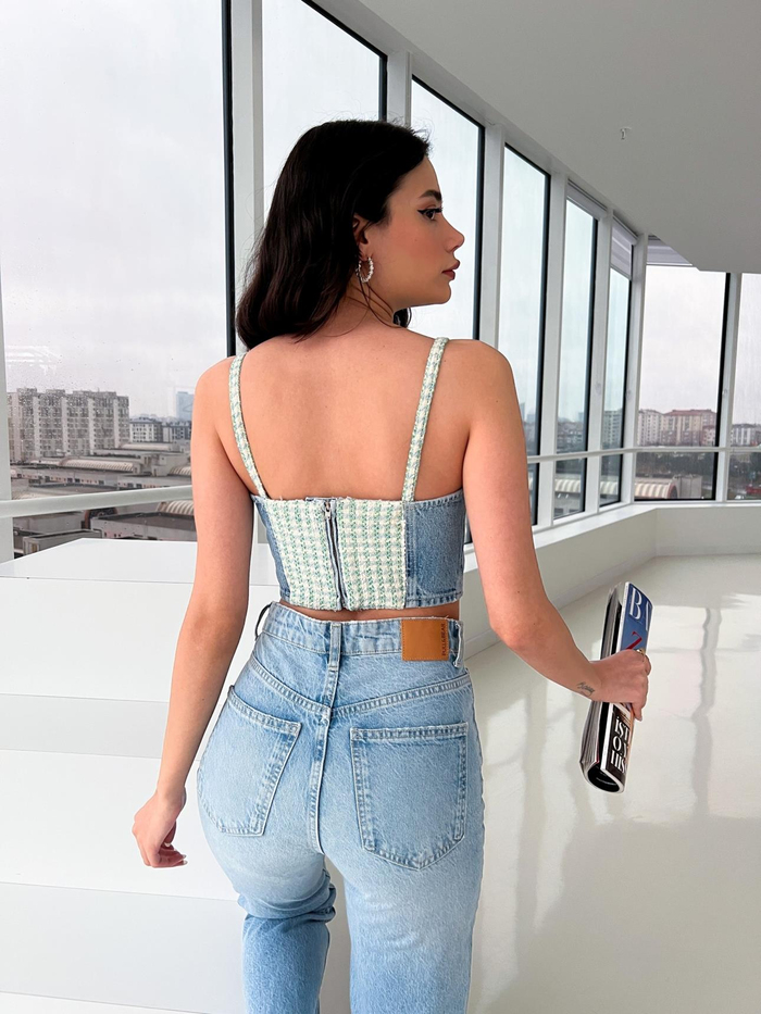 Buz Mavi Fermuarlı Kot Crop