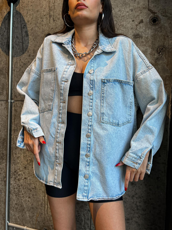 Buz Mavi Oversize Denim Gömlek