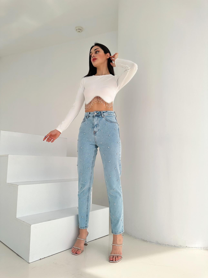 Buz Mavi Taşlı Mom Jean