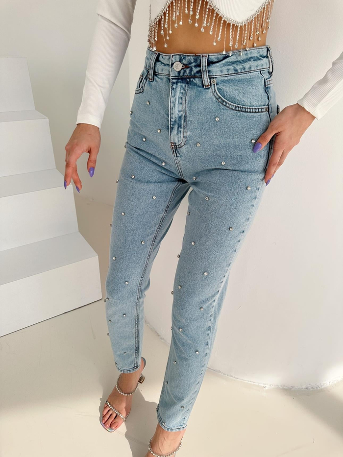 Buz Mavi Taşlı Mom Jean
