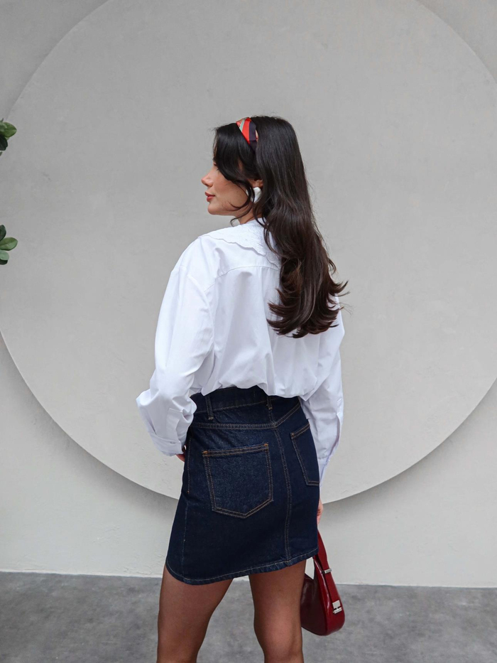 Çapraz Bel Detaylı Mini Denim Etek