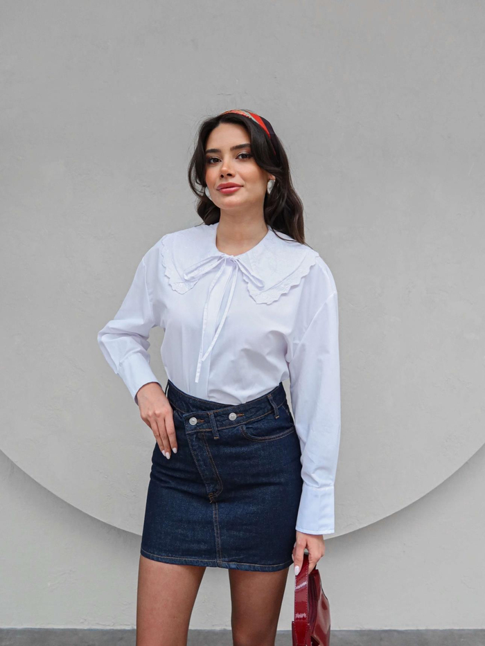 Çapraz Bel Detaylı Mini Denim Etek