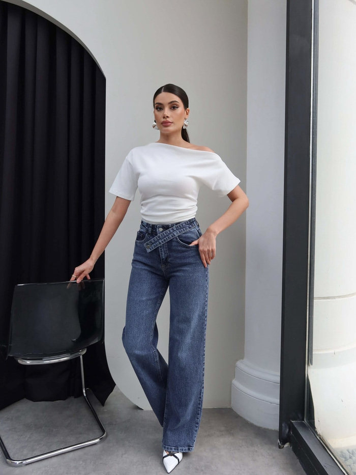Çapraz Bel Detaylı Wide Leg Jean