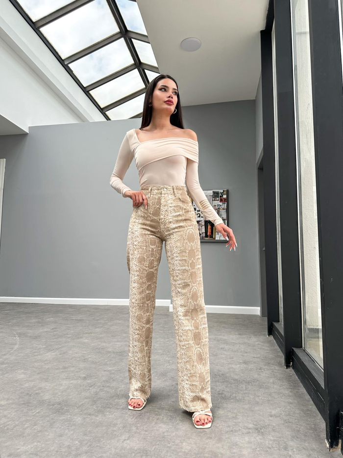 Caramel Snake Desenli Wide Leg Orj Jean