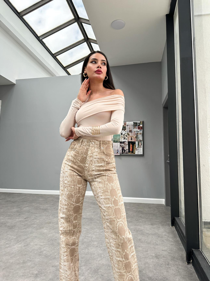 Caramel Snake Desenli Wide Leg Orj Jean
