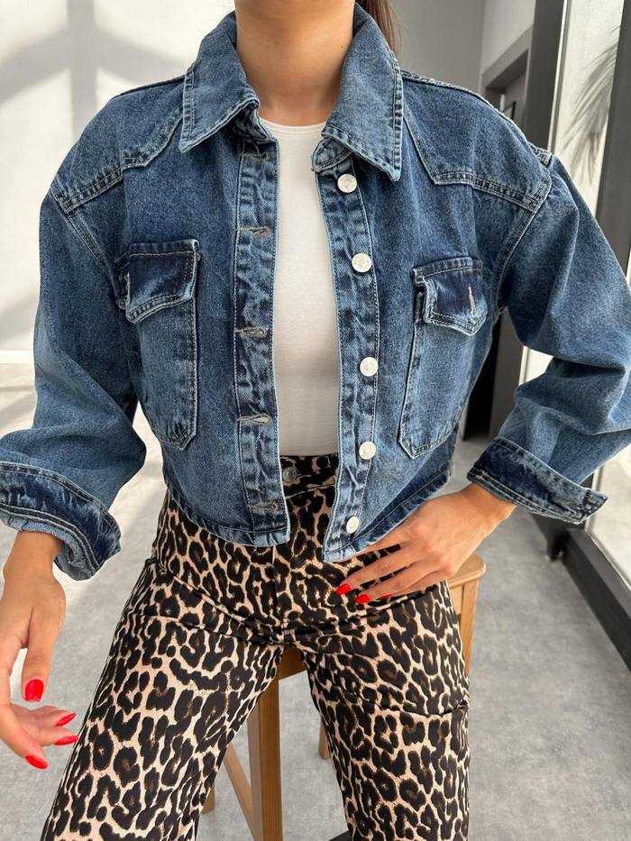 Cep Detaylı Crop Denim Ceket