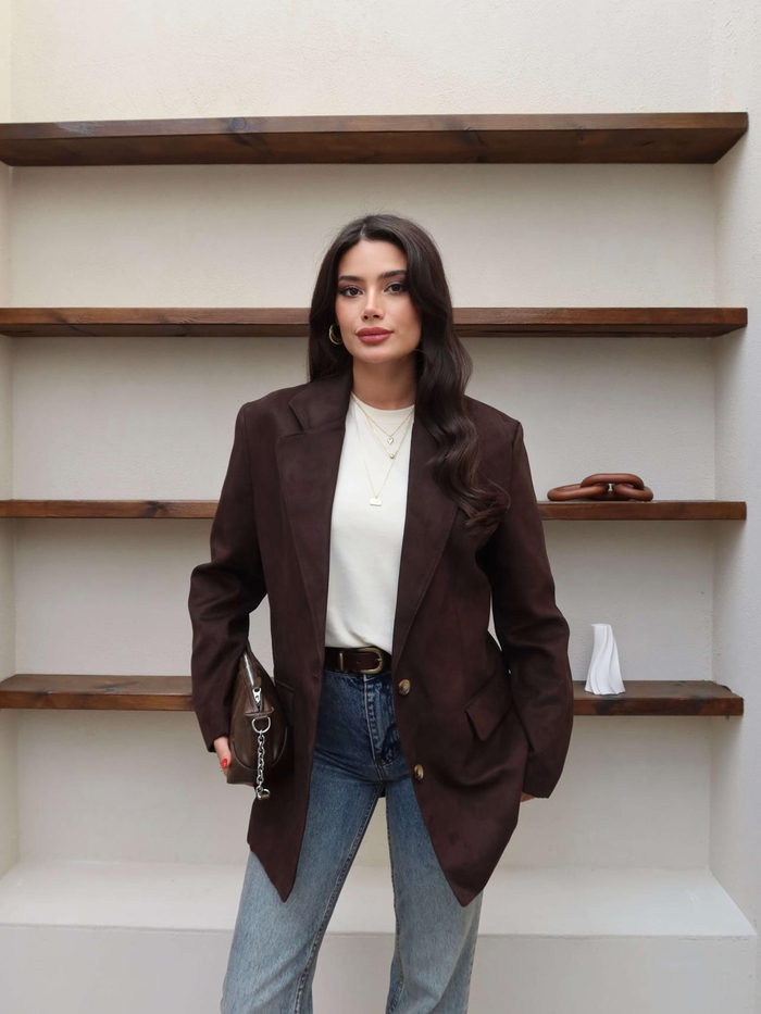 Cep Detaylı Süet Oversize Blazer Ceket