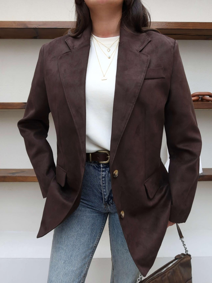 Cep Detaylı Süet Oversize Blazer Ceket