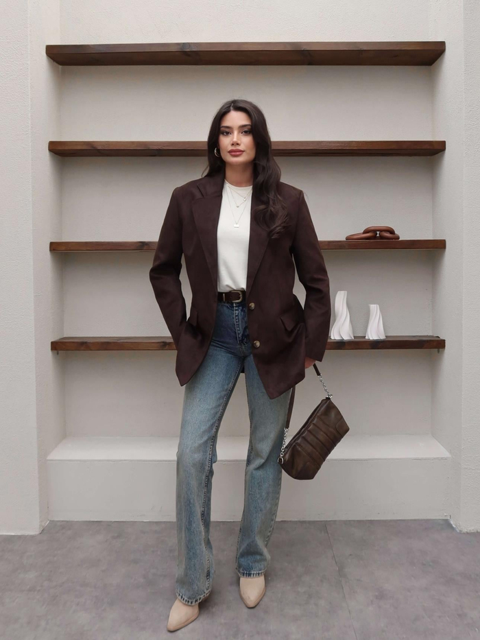Cep Detaylı Süet Oversize Blazer Ceket