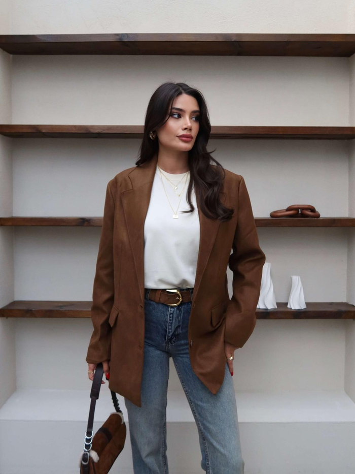 Cep Detaylı Süet Oversize Blazer Ceket