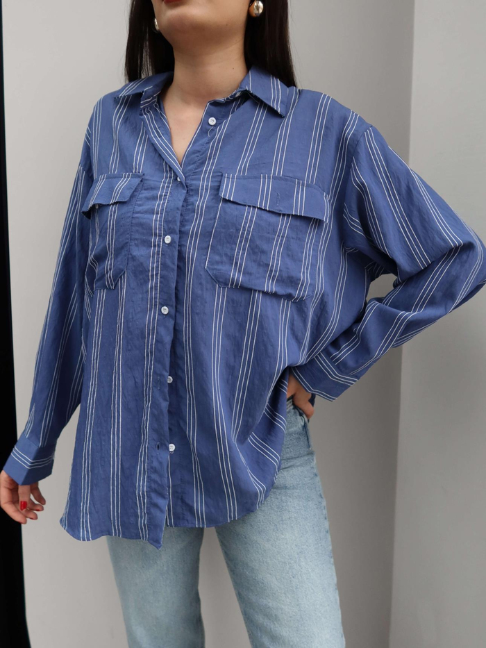 Cepli Çizgili Oversize Gömlek