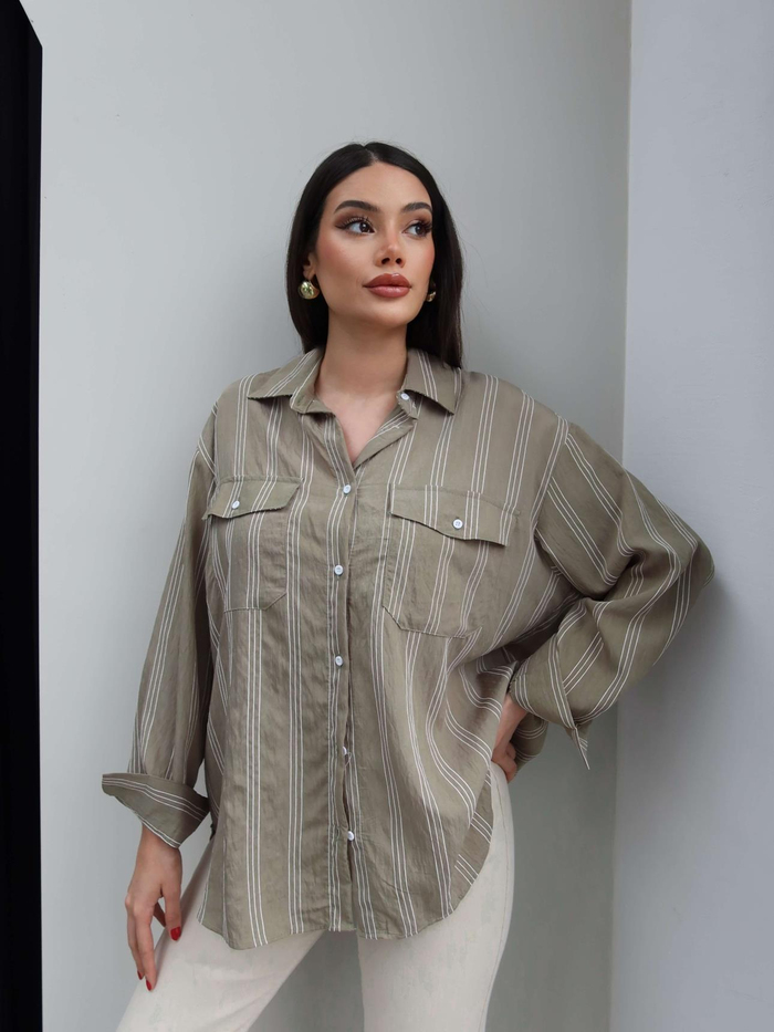Cepli Çizgili Oversize Gömlek