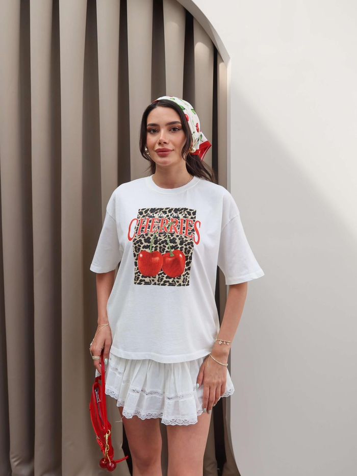 Cherry Baskılı Oversize Tshirt