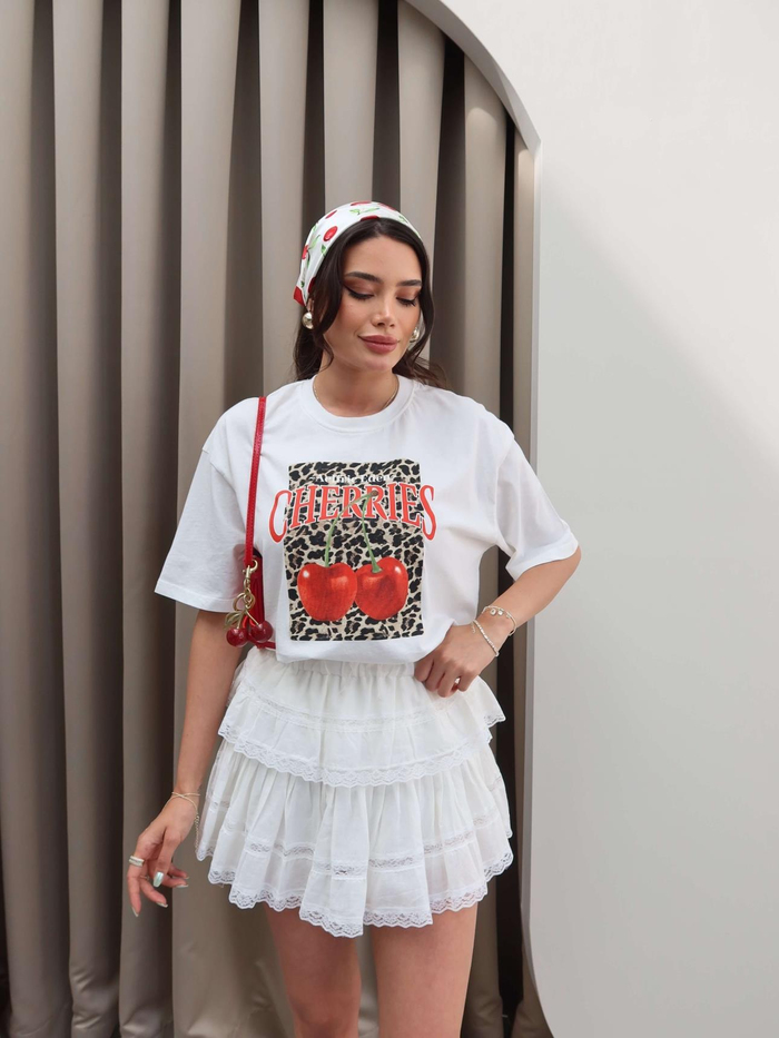 Cherry Baskılı Oversize Tshirt