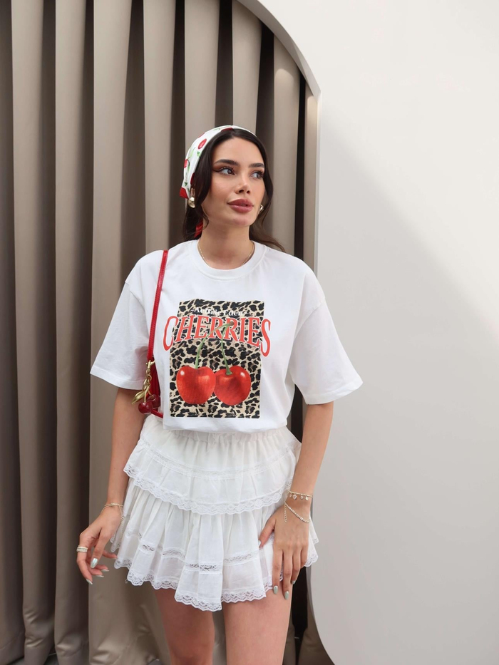 Cherry Baskılı Oversize Tshirt