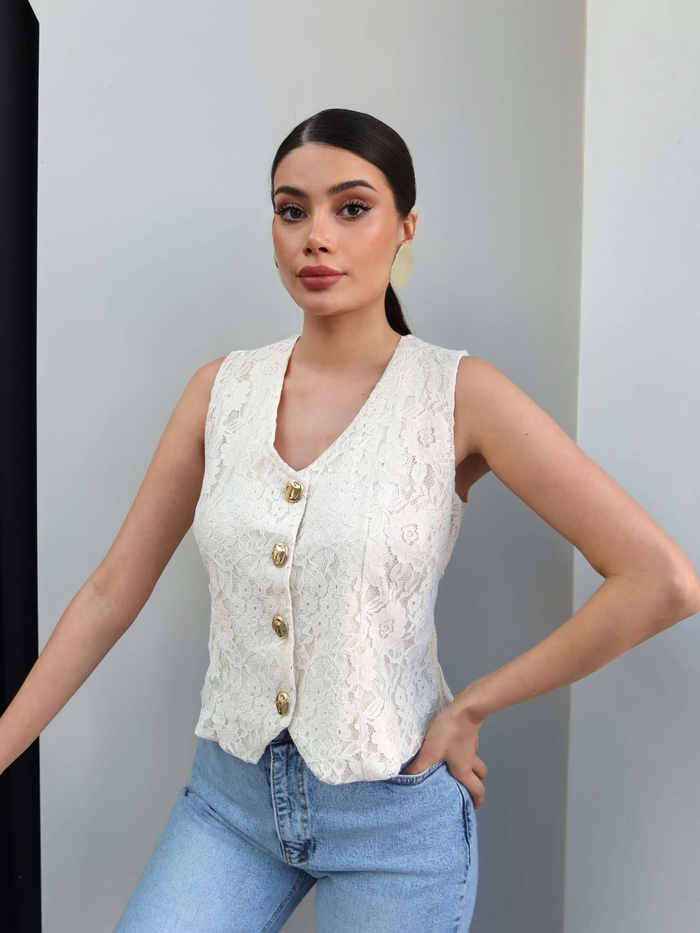 Çiçek Desen Dantel Yelek