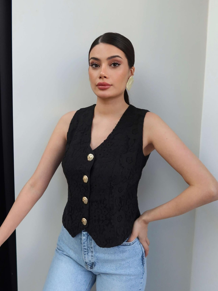 Çiçek Desen Dantel Yelek