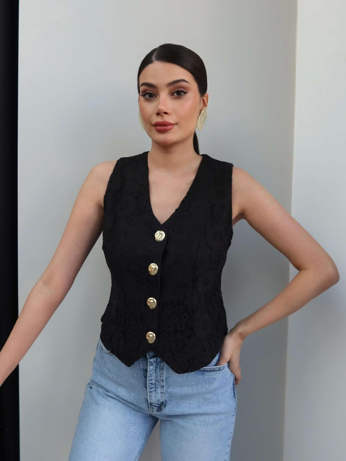 Çiçek Desen Dantel Yelek