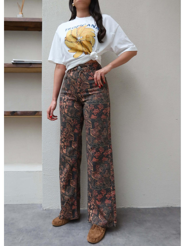 Çiçek Desen Yüksek Bel Denim Pantolon