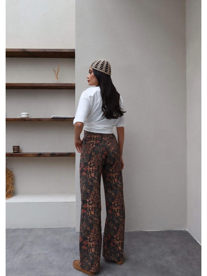 Çiçek Desen Yüksek Bel Denim Pantolon